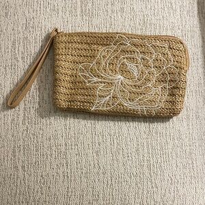 Vera Bradley Tan Wristlet with White Floral Embroidery
